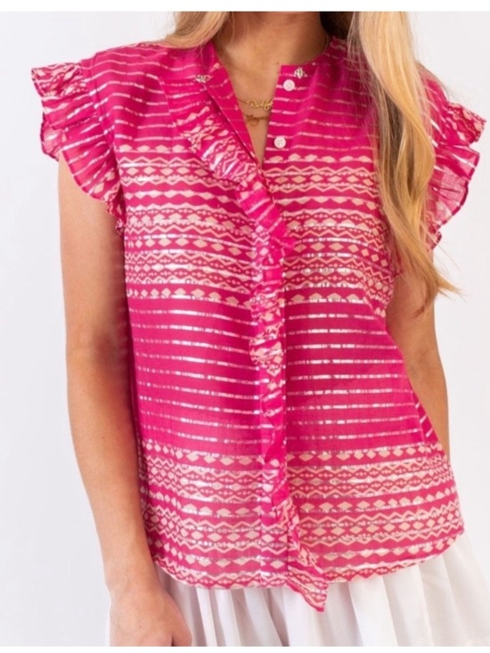 Koch Tops - KOCH Palm Top Pink Gold Metallic Stripe Ruffle Flutter Sleeve Blouse Size XS